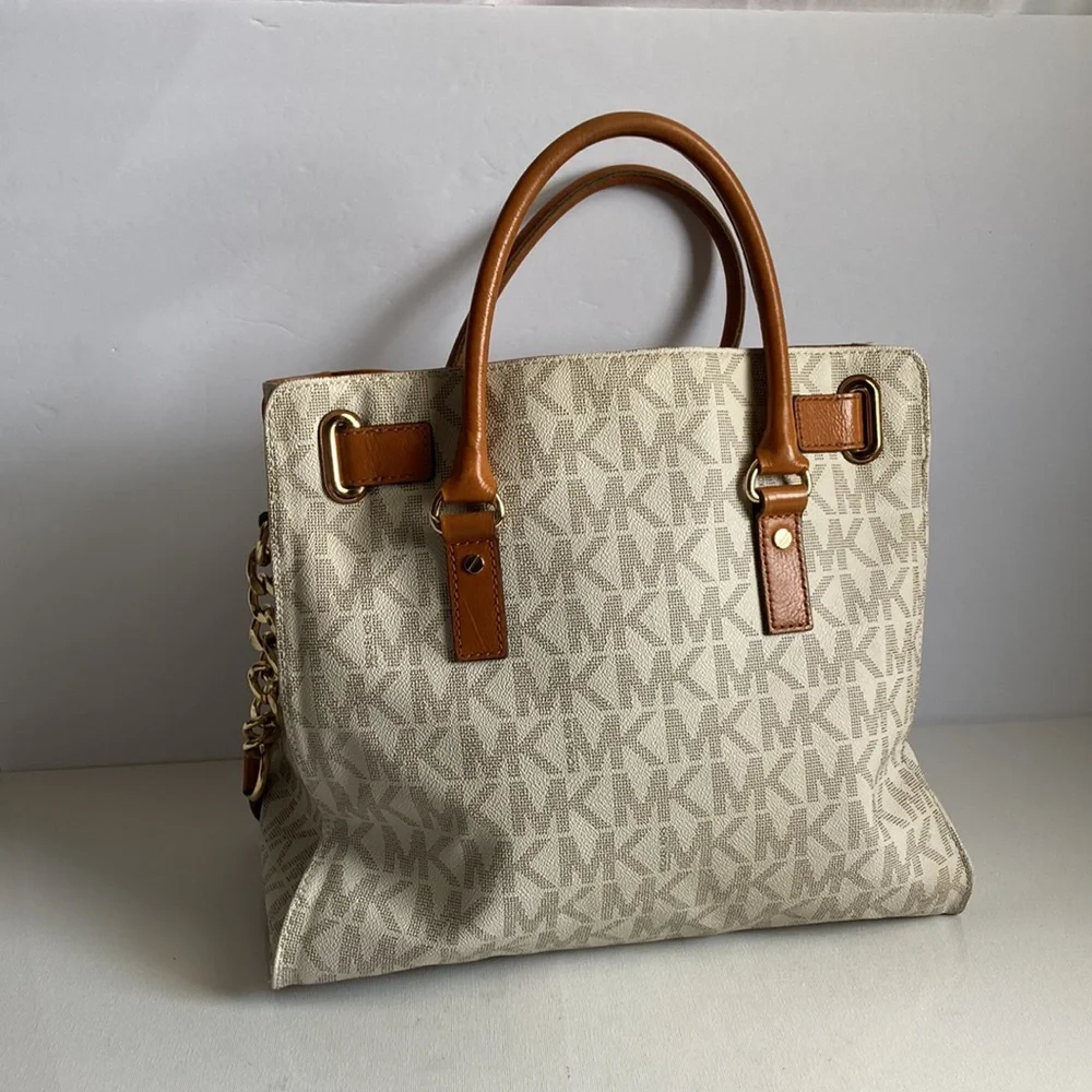 Michael Kors Beige Monogram Satchel with Tan Leather Trim